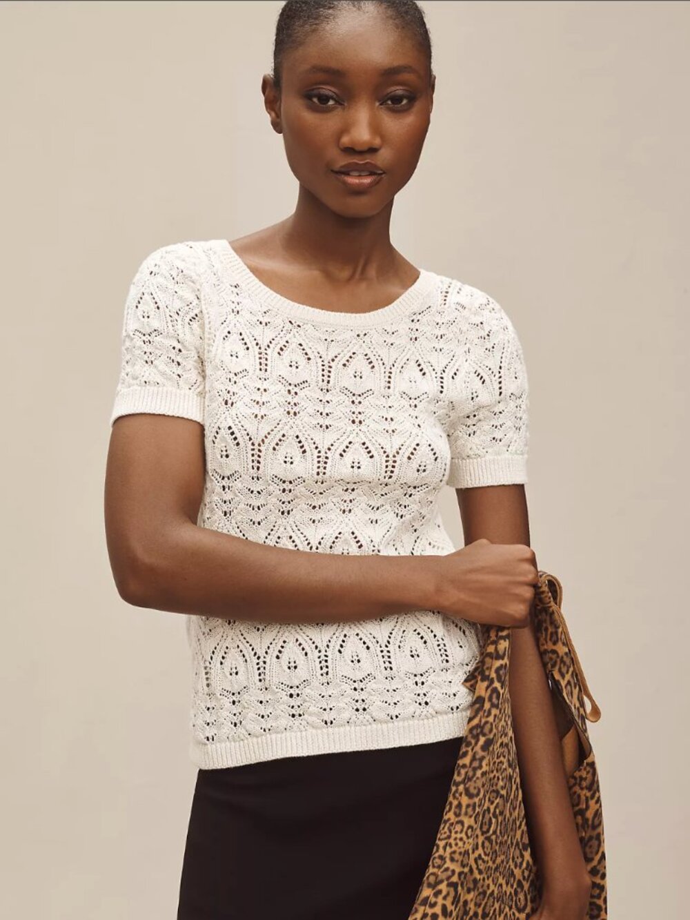 Anthropologie Crochet Stitched Sweater Tee | Ivory (Size 2X-but fits like an L)